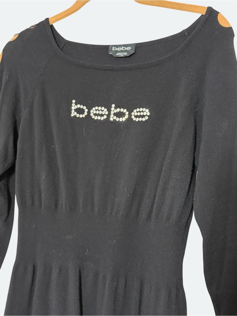 bebe Black Long Sleeve Rhinestone Logo Sweater Dress L